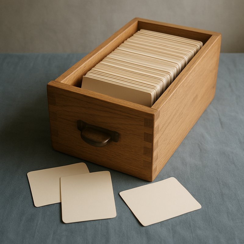 青灰色の麻のクロスの上に、開いた木製のカード箱があり、箱の中にはクリーム色のカードが整然と立ち、手前に数枚だけ箱に入れられずに置かれている写真。
