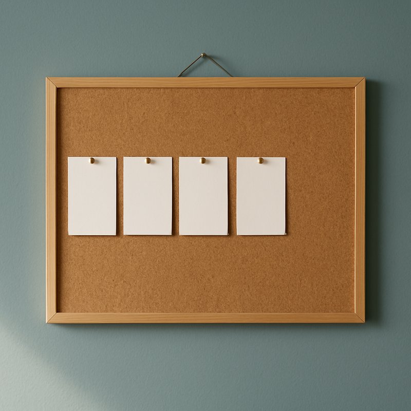 くすんだ青緑色の壁に掛けたコルクボードに、何も書かれていない白いカードが4枚、真鍮の画びょうで並べて留められ、右側はまだ空いている写真。